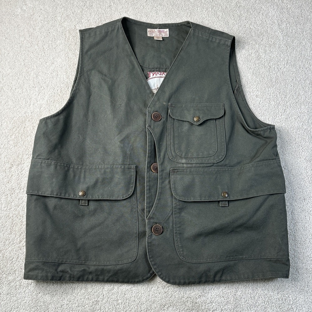 Filson Hunting Vest Men's Size XXL Made in USA Style 10493 Green Tin Cloth Patch